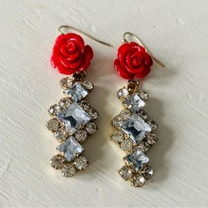 Anthropologie Red Rose and Rhinestone Dangle Drop Earrings